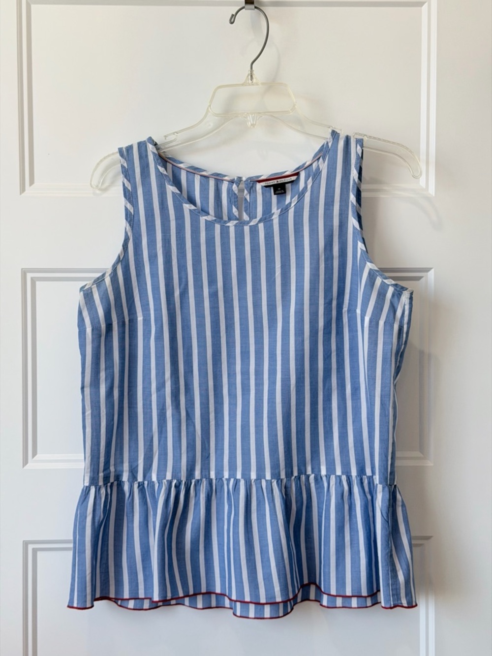 Tommy Hilfiger Blue and White Striped Sleeveless Peplum Top